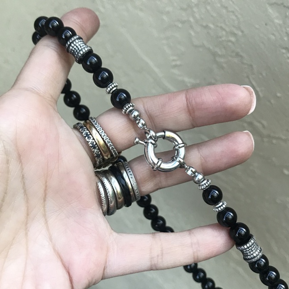 Genuine onyx fancy clasp rodhium cz charm choker - Picture 4 of 8